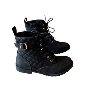 Place Womens Faux Leather Combat Boots‎ 6 Black Gold Buckle Zip Grunge